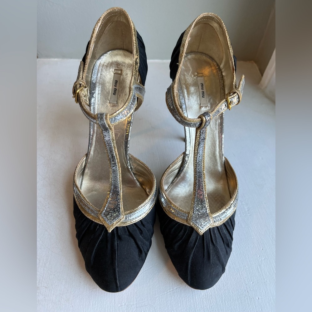 Miu Miu T-Strap Spectator Heel Fabric & Metallic … - image 2